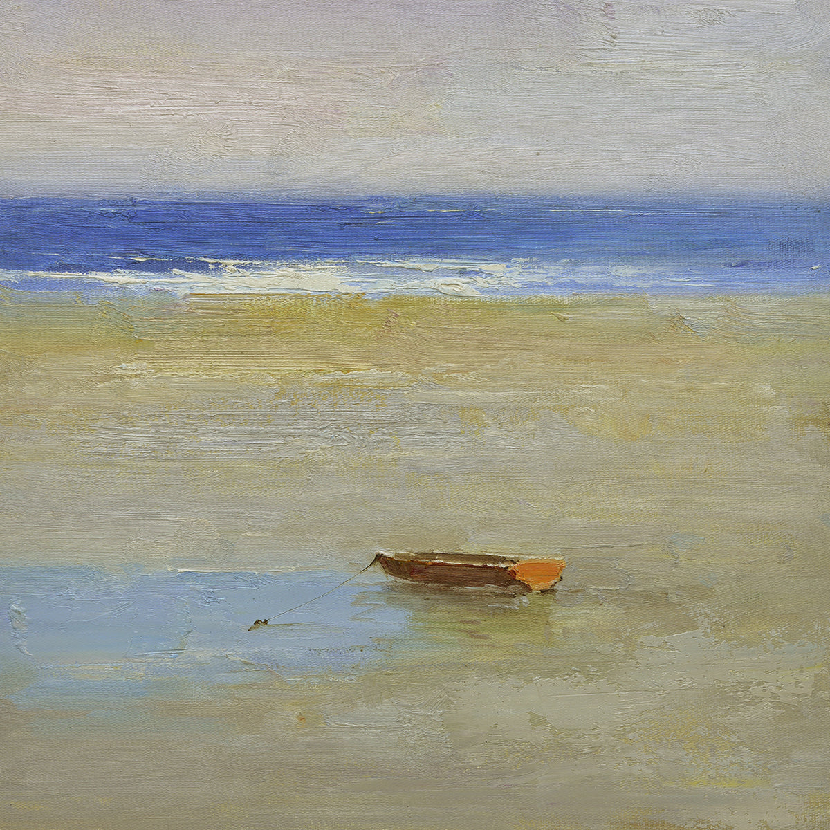 16x16 oil painting on canvas of red boat on beach 22010517 image 0