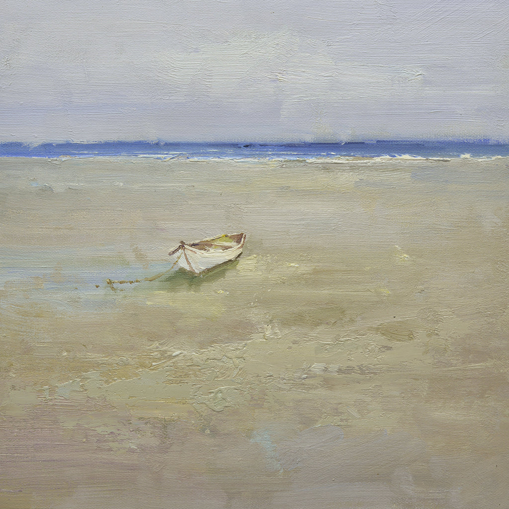 16x16 oil painting on canvas of white boat on beach 22010515 image 0