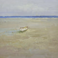 16x16 oil painting on canvas of white boat on beach 22010515 image 0