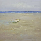 16x16 oil painting on canvas of white boat on beach 22010515 image 0