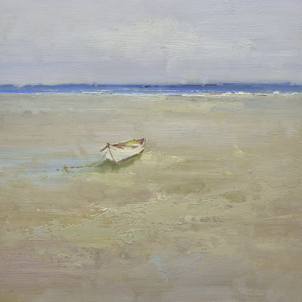 16x16 oil painting on canvas of white boat on beach 22010515 image 0