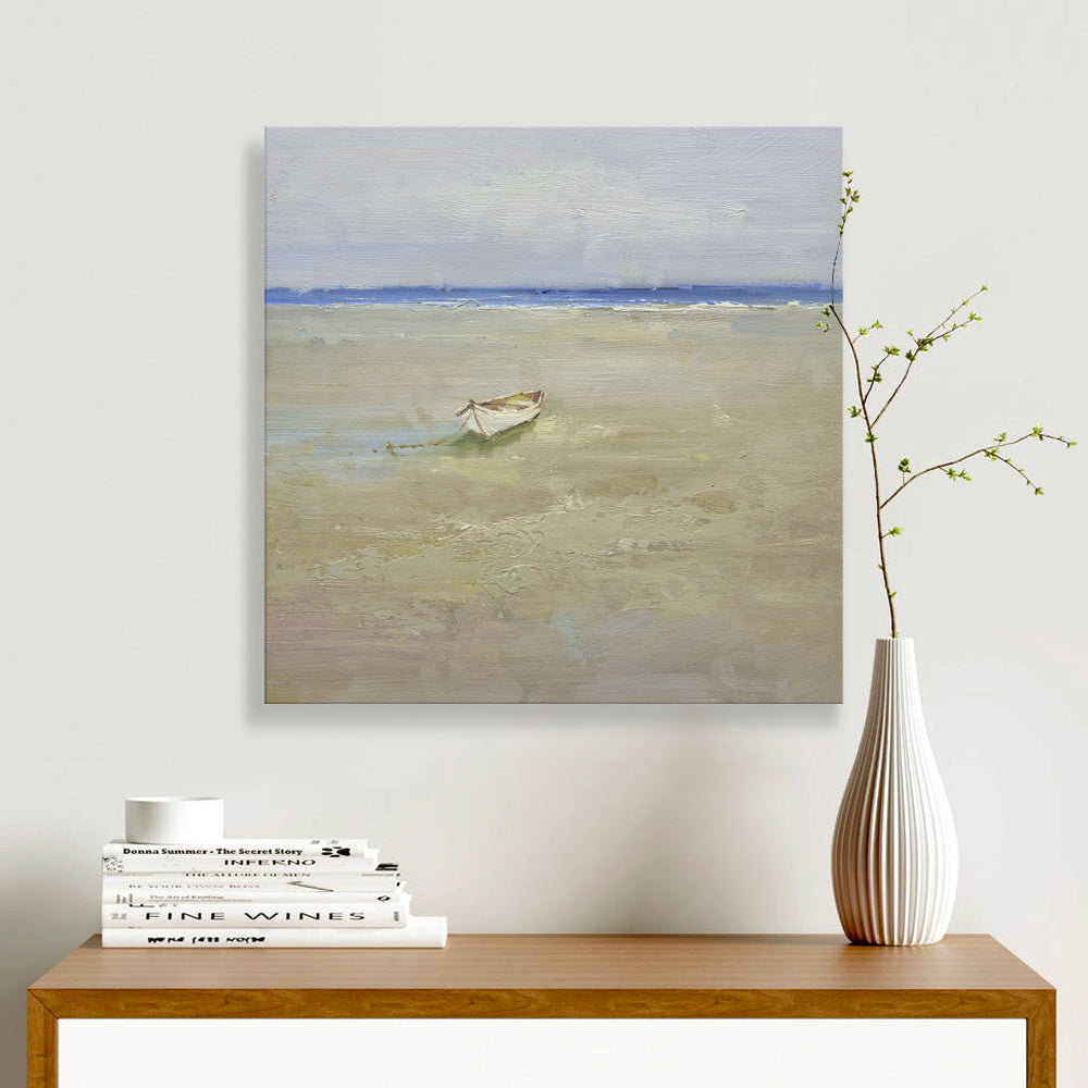 16x16 oil painting on canvas of white boat on beach 22010515 image 1