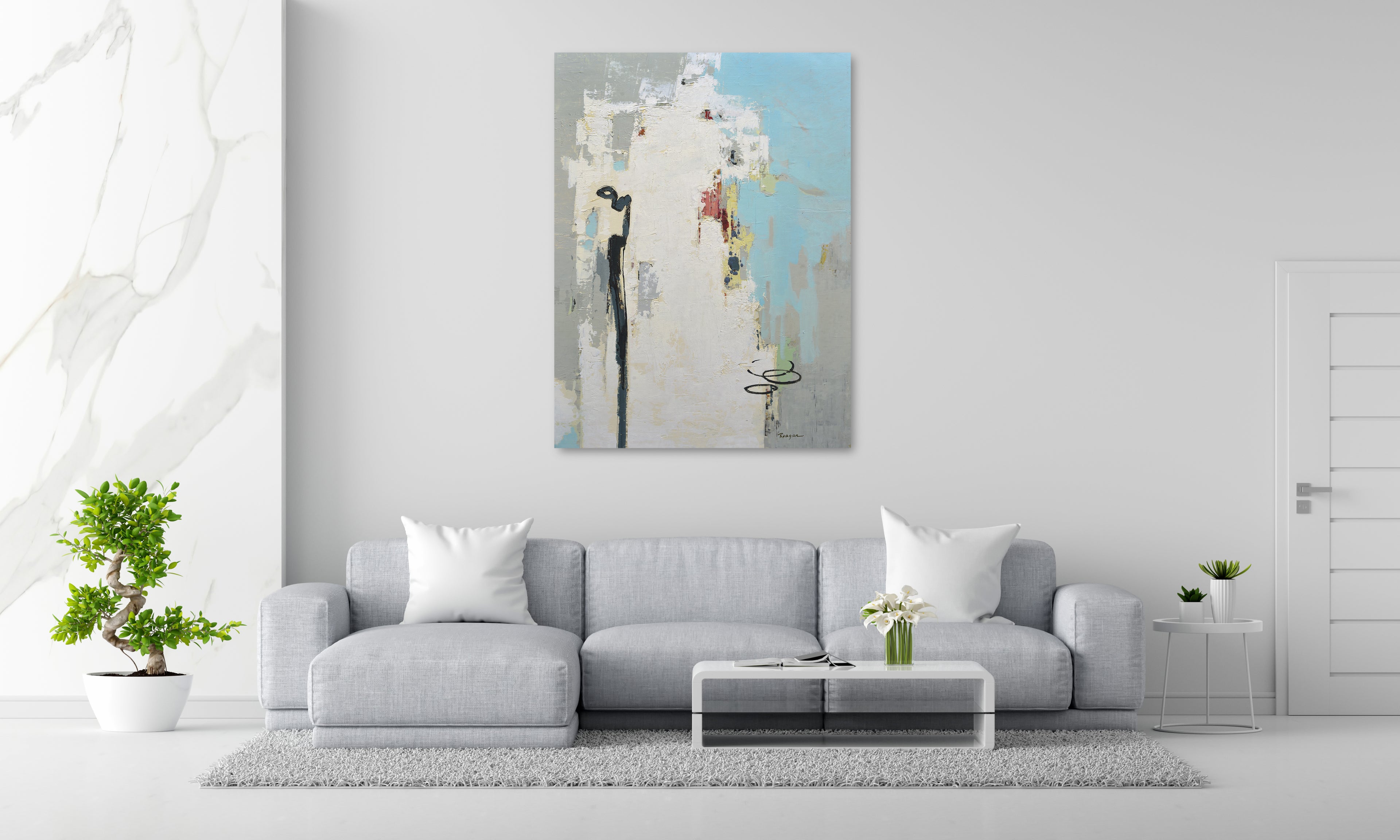 Giclee on Canvas-Modern White Gray &Blue Abstract Artwork 8-4210405 image 1