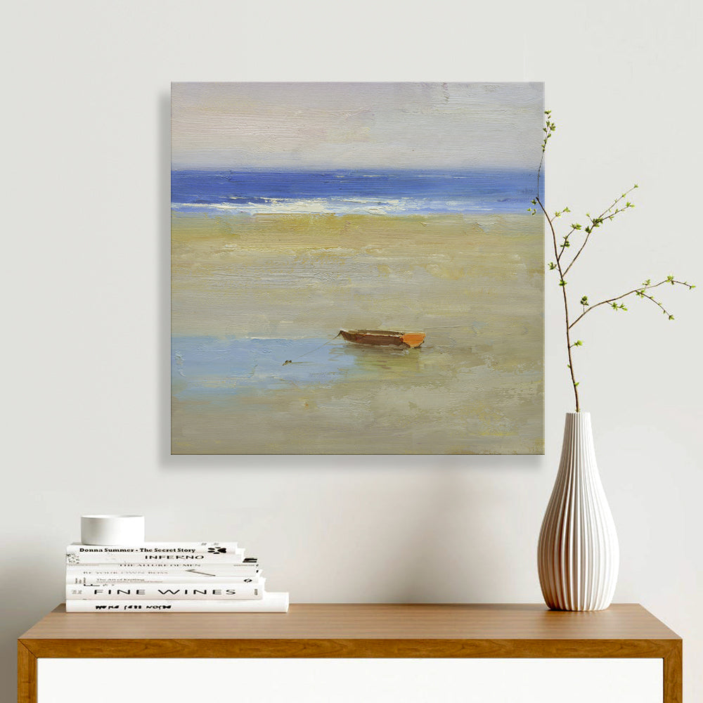 16x16 oil painting on canvas of red boat on beach 22010517 image 1