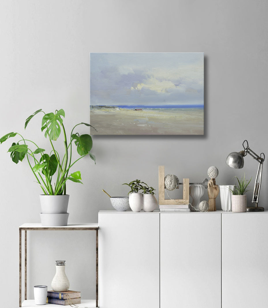 12x16 oil painting on canvas of little boat on beach by ocean 22010544 image 1