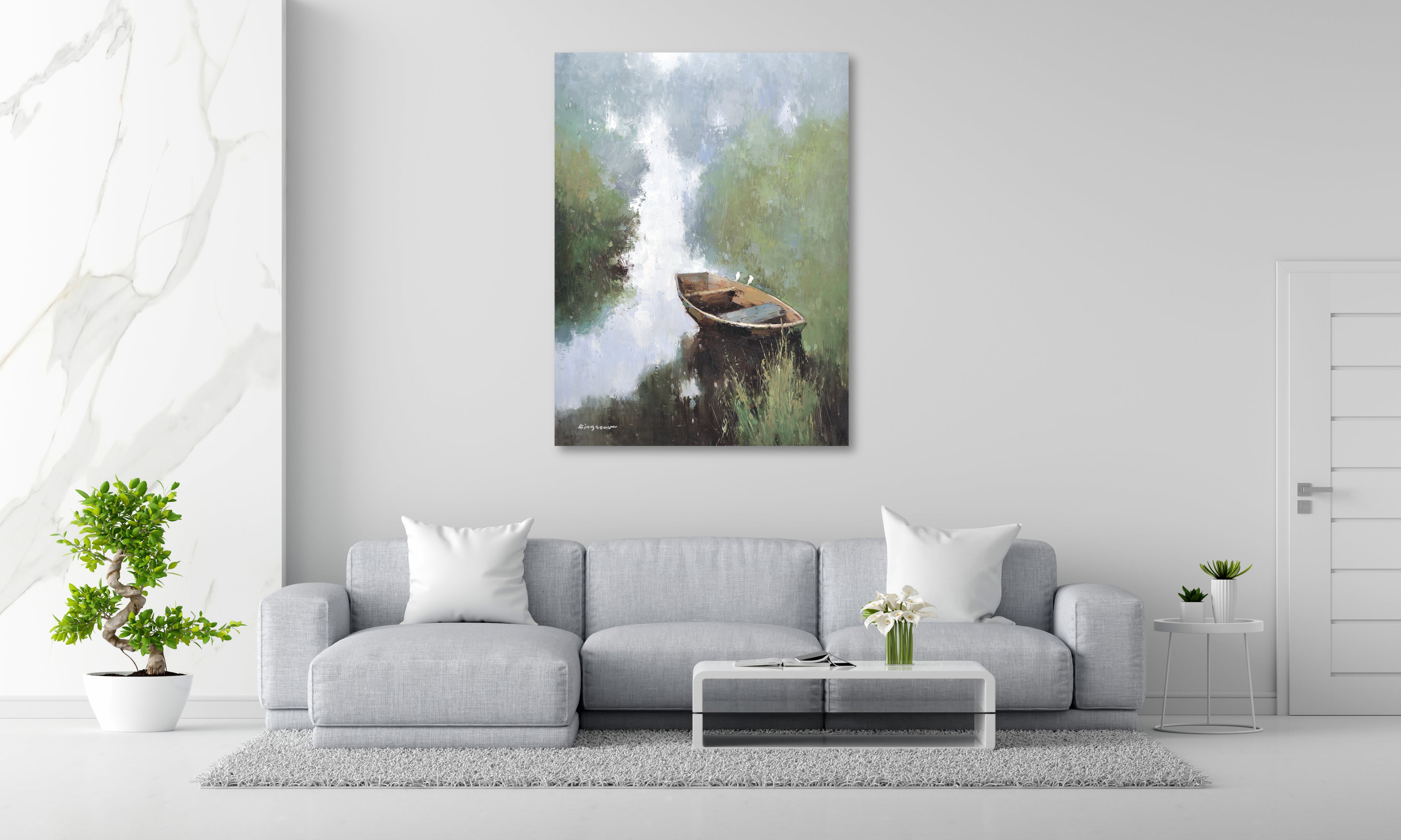 Giclee on Canvas-Modern River &Boat Artwork G3241 image 3