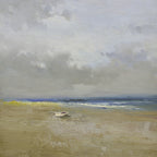 16x16 oil painting on canvas of little white boat on beach 22010516 image 0